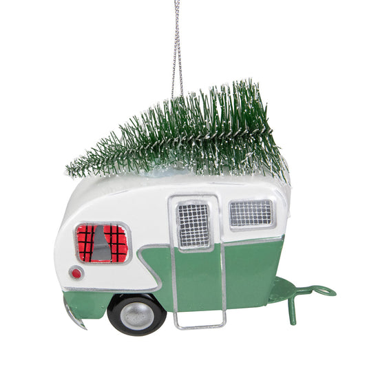 Green And White Rv Camper Van With Tree Christmas Ornament